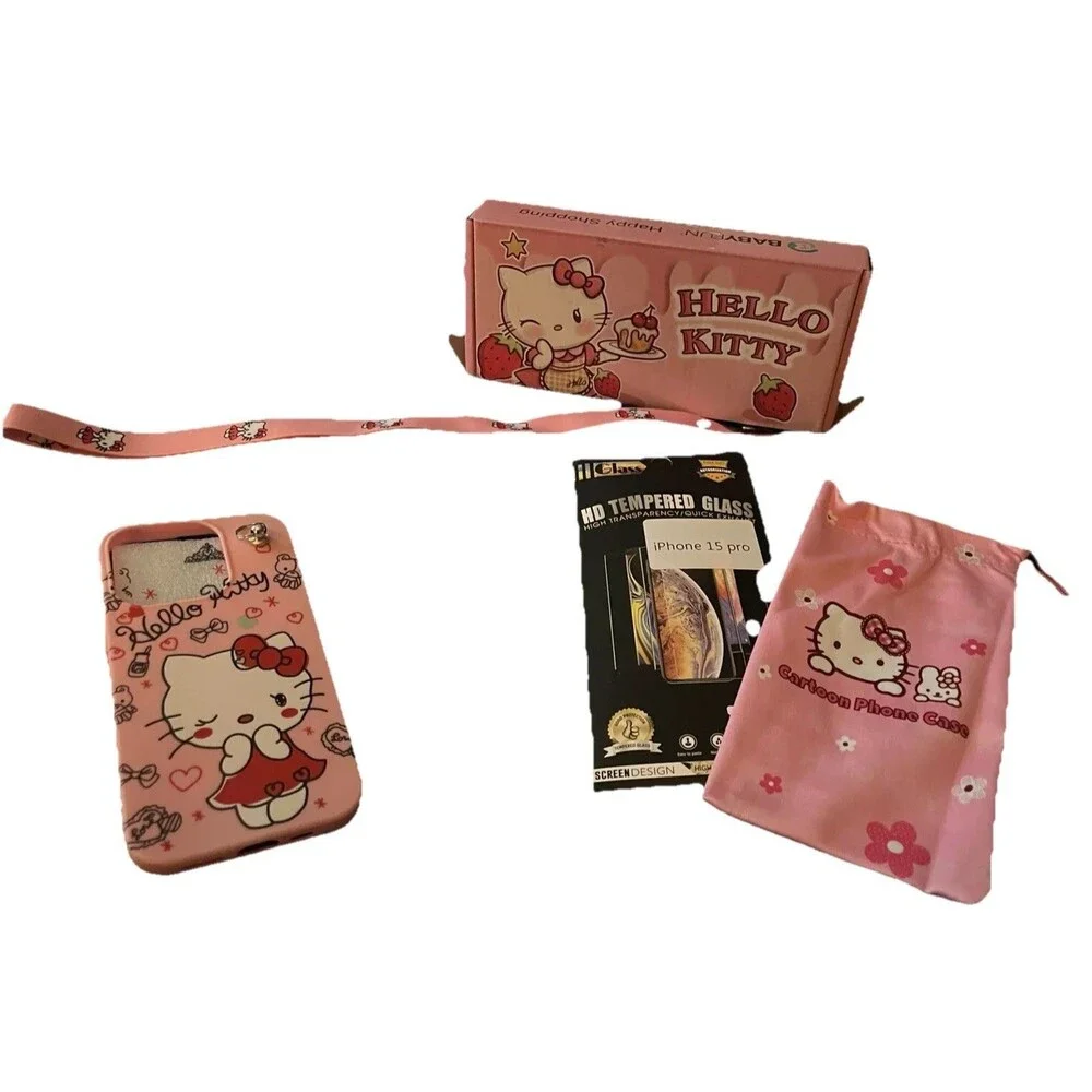 Hello Kitty  iPhone 15 Pro Phone Case Set Silicone Pink Keychain Tempered Glass